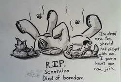 Size: 1280x867 | Tagged: safe, artist:shoeunit, scootaloo, fly, pegasus, pony, g4, female, filly, mare, monochrome, not dead, on back, playing dead, simple background, solo, tongue out, traditional art, white background