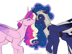 Size: 1280x962 | Tagged: safe, artist:spartalabouche, princess cadance, princess luna, alicorn, pony, g4, armor, boop, female, infidelity, lesbian, lundance, mare, noseboop, shipping, simple background, white background