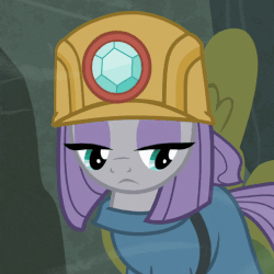 Size: 505x505 | Tagged: safe, screencap, maud pie, earth pony, pony, g4, rock solid friendship, animated, clothes, cropped, female, gif, helmet, lidded eyes, lonely, looking down, mare, mining helmet, sad, solo, windswept mane