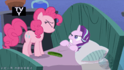 Size: 480x270 | Tagged: safe, artist:小凱, edit, edited screencap, screencap, pinkie pie, starlight glimmer, pony, g4, rock solid friendship, season 7, animated, behaving like a cat, cat scared of cucumber, chinese, cucumber, female, food, gif, panic, starlight's room
