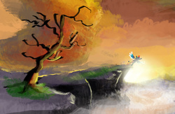 Size: 1000x650 | Tagged: safe, artist:xbi, rainbow dash, pony, g4, cliff, female, scenery, solo, sunset, tree