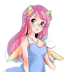 Size: 1000x1000 | Tagged: safe, artist:renaifoxi, fluttershy, human, g4, animal ears, clothes, dress, eared humanization, female, humanized, jewelry, necklace, piercing, pixiv, sleeveless, solo, sundress, winged humanization, wings