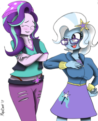 Size: 2806x3455 | Tagged: safe, artist:missmayaleanne, starlight glimmer, trixie, equestria girls, g4, blushing, breasts, busty trixie, clothes, duo, eyes closed, female, glasses, high res, lesbian, midriff, panties, ship:startrix, shipping, simple background, thong, transparent background, underwear