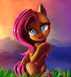 Size: 1000x1080 | Tagged: safe, artist:miokomata, fluttershy, pegasus, pony, g4, cloud, cute, cute little fangs, fangs, female, grass, looking at you, mare, open mouth, shyabetes, signature, smiling, solo