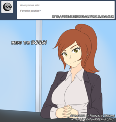 Size: 1280x1347 | Tagged: safe, artist:friendshipdreams, artist:jonfawkes, oc, oc only, oc:pillow talk (friendship dreams), human, barely pony related, boss, clothes, community related, female, humanized, humanized oc, looking at you, smiling, solo, tumblr