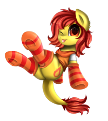 Size: 2550x2850 | Tagged: safe, artist:pridark, oc, oc only, oc:flamespitter, pony, butt, clothes, commission, cute, high res, looking at you, plot, simple background, socks, solo, striped socks, tongue out, transparent background, underhoof, ych result