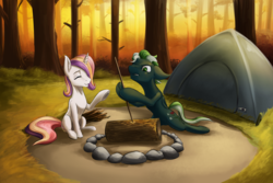 Size: 1800x1200 | Tagged: safe, artist:d-lowell, oc, oc only, oc:ebony, oc:lilly, bat pony, pony, unicorn, camp, campfire, camping, commission, couple, duo, female, forest, male, mare, oc x oc, scenery, shipping, stallion, straight, tent