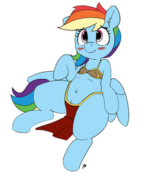 Size: 1280x1526 | Tagged: safe, artist:pabbley, rainbow dash, pony, g4, belly button, bikini, bikini top, blushing, clothes, costume, female, loincloth, mare, princess leia, pubic fluff, simple background, slave leia outfit, solo, swimsuit, white background