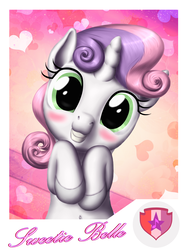 Size: 1200x1600 | Tagged: safe, artist:vasillium, sweetie belle, pony, unicorn, g4, belly button, blushing, cute, daaaaaaaaaaaw, diasweetes, female, filly, foal, grin, looking at you, smiling, smiling at you, solo, weapons-grade cute