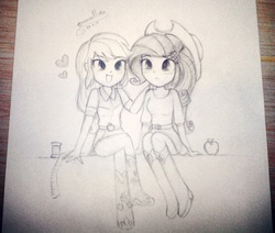 Size: 1280x1083 | Tagged: safe, artist:dressella, applejack, rarity, equestria girls, g4, clothes, couple, female, girlfriend, hat, heart, lesbian, lineart, love, measuring tape, pencil drawing, ship:rarijack, shipping, sitting, smiling, thread, traditional art
