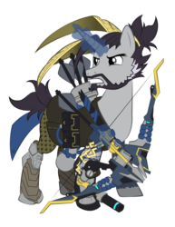 Size: 1024x1325 | Tagged: safe, artist:violetfeatheroficial, pony, unicorn, armor, arrow, bow (weapon), bow and arrow, clothes, crossover, gritted teeth, hanzo, levitation, magic, male, overwatch, ponified, simple background, solo, stallion, telekinesis, transparent background, vector, weapon