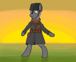 Size: 1024x842 | Tagged: safe, artist:legionhooves, oc, oc only, oc:ammo box, pony, battlefield, battlefield 1, german soldier, horizon, looking at something, male, rising sun, solo, stallion, standing up, support class