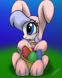 Size: 1200x1500 | Tagged: safe, artist:miniferu, oc, oc only, oc:lucky duck, pony, animal costume, blushing, bunny costume, clothes, costume, easter bunny, female, heart eyes, sitting, solo, wingding eyes