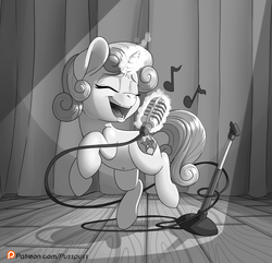 Size: 2941x2841 | Tagged: safe, artist:pusspuss, sweetie belle, pony, unicorn, g4, belly button, black and white, cute, cutie mark, diasweetes, eyes closed, female, filly, glowing horn, grayscale, high res, horn, magic, microphone, monochrome, open mouth, patreon, patreon logo, singing, solo, telekinesis, the cmc's cutie marks