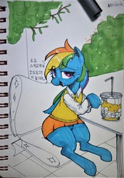 Size: 2270x3257 | Tagged: safe, artist:modak, rainbow dash, pony, g4, clothes, cute, dashabetes, drink, female, high res, korean, miniskirt, moe, panties, seat, sitting, skirt, skirt lift, solo, table, traditional art, translated in the comments, underwear