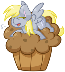 Size: 1024x1131 | Tagged: safe, artist:ak4neh, derpy hooves, pegasus, pony, g4, eyes closed, female, food, mare, muffin, open mouth, prone, simple background, singing, solo, transparent background