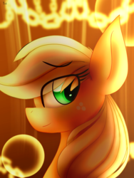 Size: 1536x2048 | Tagged: safe, artist:silviasilvar, applejack, earth pony, pony, g4, blonde, female, food, freckles, hatless, mare, missing accessory, orange, side view, smiling, smirk, solo, yellow