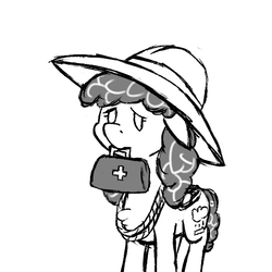 Size: 600x600 | Tagged: safe, artist:thebathwaterhero, oc, oc only, oc:brandy byte, pegasus, pony, cyoa:semantic error, artificial intelligence, concerned, cyberpunk, cyoa, female, grayscale, hat, mare, medkit, monochrome, rope, solo, story included
