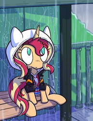 Size: 1484x1920 | Tagged: safe, artist:zanefir-dran, sunset shimmer, pony, unicorn, g4, bus stop, clothes, cute, female, hoodie, jacket, mare, rain, shimmerbetes, sitting, solo