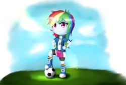 Size: 4000x2700 | Tagged: safe, artist:nihithebrony, rainbow dash, equestria girls, g4, ball, boots, chibi, clothes, compression shorts, cute, dashabetes, female, football, grass field, hand on hip, high res, looking at you, raised leg, skirt, socks, solo, wristband