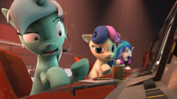 Size: 1920x1080 | Tagged: safe, artist:theshabbycat, bon bon, dj pon-3, lyra heartstrings, sweetie drops, vinyl scratch, earth pony, pony, g4, 3d, call center, chair, cigarette, clipboard, coffee mug, dat face, headset, jobs, mouth hold, mug, o.o, pencil, poster, source filmmaker, sunglasses