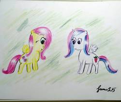 Size: 1278x1074 | Tagged: safe, artist:sumi-mlp25, fluttershy, oc, oc:sumistrawberry, pegasus, pony, g4, duo, signature, traditional art