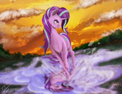 Size: 2727x2118 | Tagged: safe, artist:vinicius040598, starlight glimmer, pony, unicorn, g4, detailed background, digital art, female, high res, running, signature, solo, splashing, water