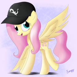 Size: 2000x2000 | Tagged: safe, artist:songbirdserenade, discord, fluttershy, pegasus, pony, g4, baseball cap, cap, female, hat, high res, implied discord, raised leg, solo