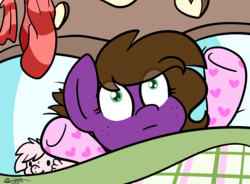 Size: 3000x2203 | Tagged: safe, artist:befishproductions, oc, oc only, oc:befish, pegasus, pony, g4, rock solid friendship, clothes, faic, female, high res, mare, pie sisters pajamas, plushie, scarf, signature, socks, solo, striped socks, wide eyes