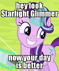 Size: 392x473 | Tagged: safe, edit, edited screencap, screencap, starlight glimmer, pony, unicorn, rock solid friendship, bronybait, cropped, cute, female, glimmerbetes, glowing horn, good end, grin, happy, horn, image macro, levitation, looking back, magic, mare, meme, opinion, smiling, solo, squee, subversion, subverted meme, telekinesis, truth, your day is awesome, your day is ruined