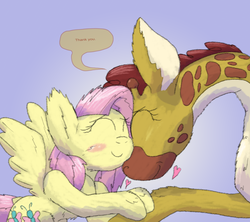Size: 4040x3594 | Tagged: safe, artist:firefanatic, clementine, fluttershy, giraffe, fluttershy leans in, g4, chest fluff, crowning moment of heartwarming, cute, dialogue, fluffy, headcanon in the description, heart, high res, kindness, nuzzling, shyabetes, talking giraffe