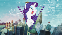 Size: 3840x2160 | Tagged: safe, artist:abion47, artist:iphstich, artist:laszlvfx, edit, rarity, pony, unicorn, g4, bridge, city, cityscape, crystaller building, eyes closed, eyeshadow, female, high res, makeup, manehattan, mare, open mouth, pier, smiling, solo, wallpaper, wallpaper edit