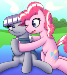 Size: 5400x6000 | Tagged: safe, artist:t.f.a.n.c.s., maud pie, pinkie pie, earth pony, pony, g4, absurd resolution, duo, hug, legs together, one eye closed, pie sisters, siblings, sisters, sitting, smiling