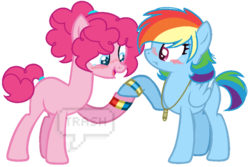 Size: 800x533 | Tagged: safe, artist:nahoge-trash, pinkie pie, rainbow dash, pony, g4, alternate hairstyle, base used, blushing, female, lesbian, ship:pinkiedash, shipping, simple background, transparent background, watermark