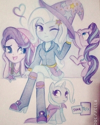 Size: 873x1091 | Tagged: safe, artist:dressella, starlight glimmer, trixie, human, pony, unicorn, equestria girls, g4, best friends, boots, cape, clothes, cute, female, girlfriend, hanging, hat, heart, hoodie, human ponidox, jacket, lesbian, mare, one eye closed, raised leg, self ponidox, ship:startrix, shipping, shoes, sitting, skirt, skirt lift, smiling, thighs, trixie's cape, trixie's hat