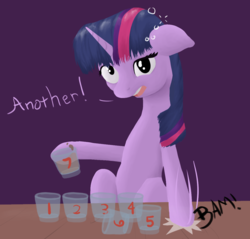 Size: 1280x1226 | Tagged: safe, artist:fimflamfilosophy, twilight sparkle, pony, unicorn, g4, drinking, drunk, drunk twilight, female, floppy ears, purple background, simple background, solo, unicorn twilight