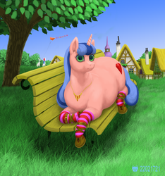 Size: 1125x1202 | Tagged: safe, artist:soobel, oc, oc only, oc:cloudie brilliant, pony, unicorn, bench, chubby, fat, looking at you, ponyville, sitting