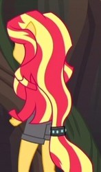 Size: 193x329 | Tagged: safe, screencap, sunset shimmer, equestria girls, g4, my little pony equestria girls: legend of everfree, camp everfree outfits, clothes, cropped, female, ponied up, pony ears, ponytail, rear view, shorts, solo