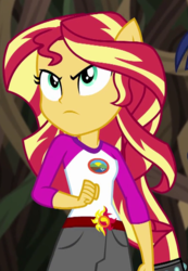 Size: 441x637 | Tagged: safe, screencap, sunset shimmer, equestria girls, g4, my little pony equestria girls: legend of everfree, angry, camp everfree outfits, female, ponied up, pony ears, ponytail, solo, sun