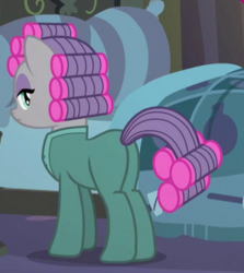 Size: 298x334 | Tagged: safe, screencap, maud pie, earth pony, pony, g4, rock solid friendship, butt, clothes, cropped, female, footed sleeper, hair curlers, mare, pajamas, pie sisters pajamas, plot, solo