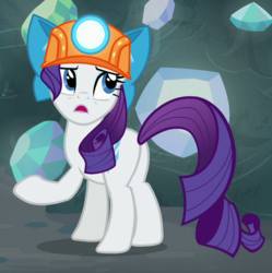 Size: 609x611 | Tagged: safe, screencap, rarity, pony, unicorn, g4, rock solid friendship, bow, butt, cropped, female, gem, helmet, mare, mining helmet, open mouth, plot, raised hoof, solo