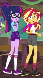 Size: 348x624 | Tagged: safe, screencap, sci-twi, spike, spike the regular dog, sunset shimmer, twilight sparkle, dog, equestria girls, g4, legend of everfree, camp everfree outfits, cropped, female, glasses, hat, looking back, male