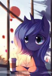 Size: 1093x1600 | Tagged: dead source, safe, artist:gianghanz, princess luna, pony, unicorn, g4, coffee, coffee cup, cup, cute, featured image, female, hot air balloon, lunabetes, mare, s1 luna, sitting, smiling, solo, sunlight, sweet dreams fuel, table, window