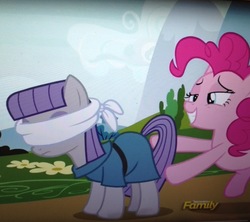 Size: 1089x966 | Tagged: safe, screencap, maud pie, pinkie pie, earth pony, pony, g4, rock solid friendship, blindfold, cropped, out of context, youtube