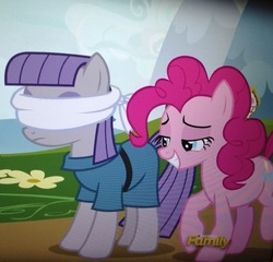 Size: 1006x966 | Tagged: safe, screencap, maud pie, pinkie pie, earth pony, pony, g4, rock solid friendship, blindfold, discovery family logo, duo, lidded eyes, photo, picture of a screen, youtube