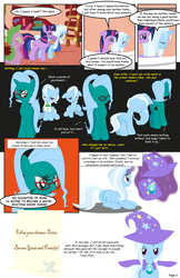 Size: 792x1224 | Tagged: safe, artist:dekomaru, spike, trixie, twilight sparkle, oc, oc:hazel lulamoon, dragon, pony, unicorn, comic:the greatest gift, g4, cape, clothes, comic, dialogue, eyes closed, female, filly, glasses, hat, lesbian, mare, mother and daughter, mouth hold, ship:twixie, shipping, speech bubble, trixie's cape, trixie's hat, younger