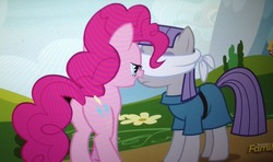 Size: 1629x966 | Tagged: safe, screencap, maud pie, pinkie pie, earth pony, pony, g4, rock solid friendship, blindfold, butt, cropped, discovery family logo, female, mare, out of context, plot
