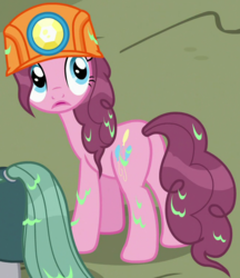 Size: 656x760 | Tagged: safe, screencap, maud pie, pinkie pie, earth pony, pony, g4, rock solid friendship, balloonbutt, butt, cropped, drool, female, helmet, mare, mining helmet, plot, solo focus, tail hole, wet mane