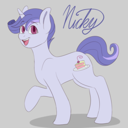 Size: 3600x3600 | Tagged: safe, artist:askamberfawn, oc, oc only, oc:nicky, pony, unicorn, colored pupils, gray background, high res, looking at you, male, raised hoof, simple background, solo, stallion