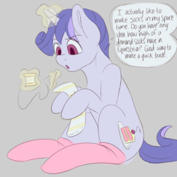Size: 1280x1280 | Tagged: safe, artist:askamberfawn, oc, oc only, oc:nicky, pony, clothes, sewing, socks, solo, talking to viewer